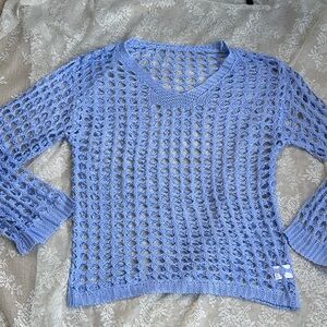 Blue Open Knit Crochet Women's Sweater Oversized Small